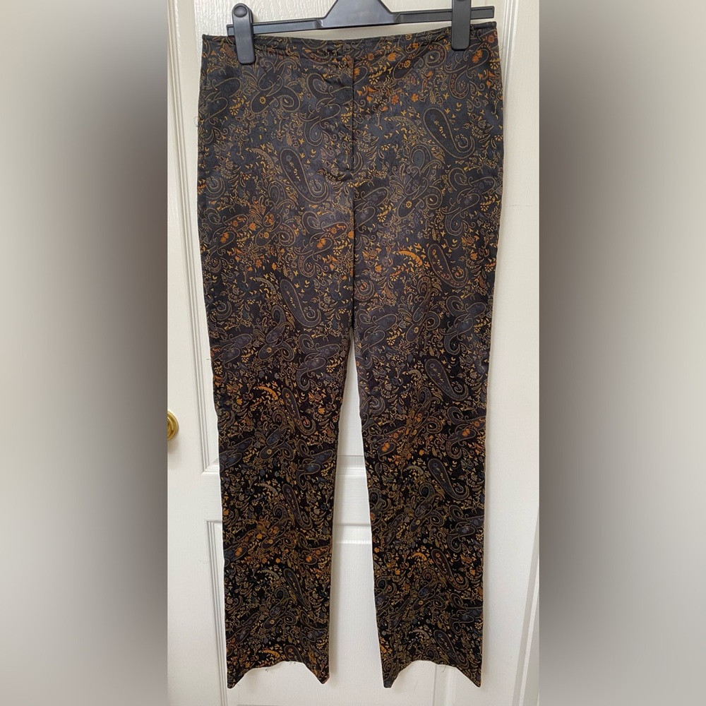 Renfrew Vintage Black Paisley Print Pants with Gold & Brown Accents
